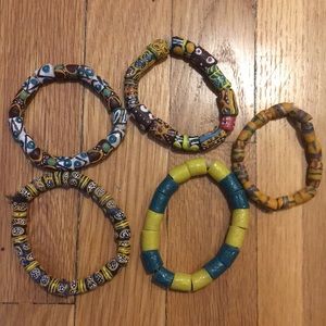 Five Ghanaian handmade glass bead bracelets
